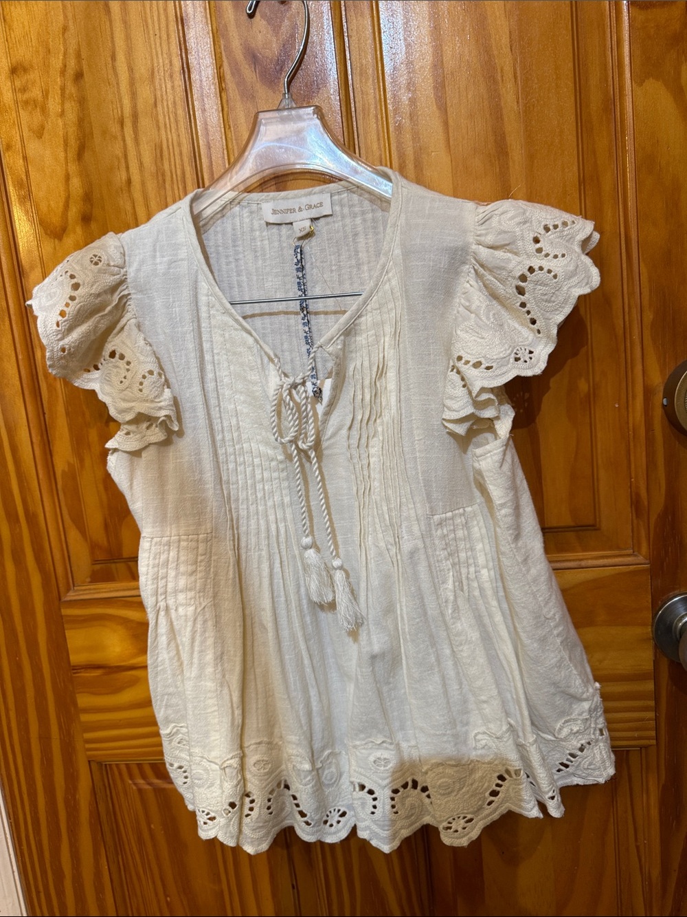Jennifer Behr Cream Eyelet Tie-Front Peasant Top